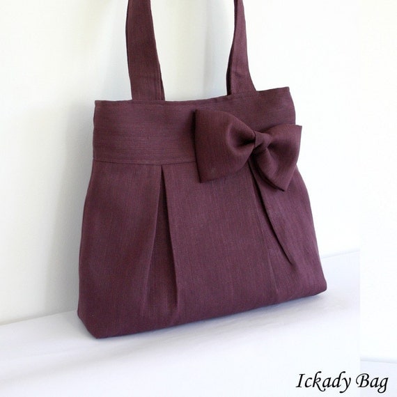 Last One - Deep Purple / Plum Pleated Hemp / Cotton Tote Bag with Big Bow - Ready to Ship
