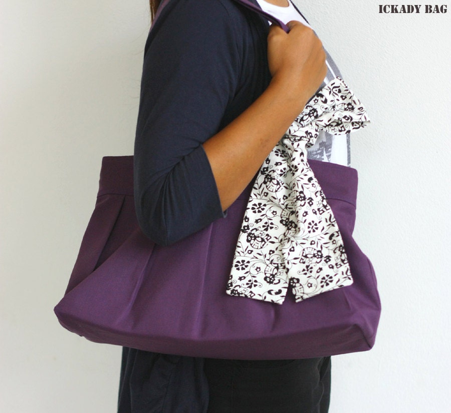 Buy 2 Get 10% off - Last One - SALE Purple Purse - Canvas Tote Bag with Flower Print Ribbon - Zippered Purse - Limited Edition
