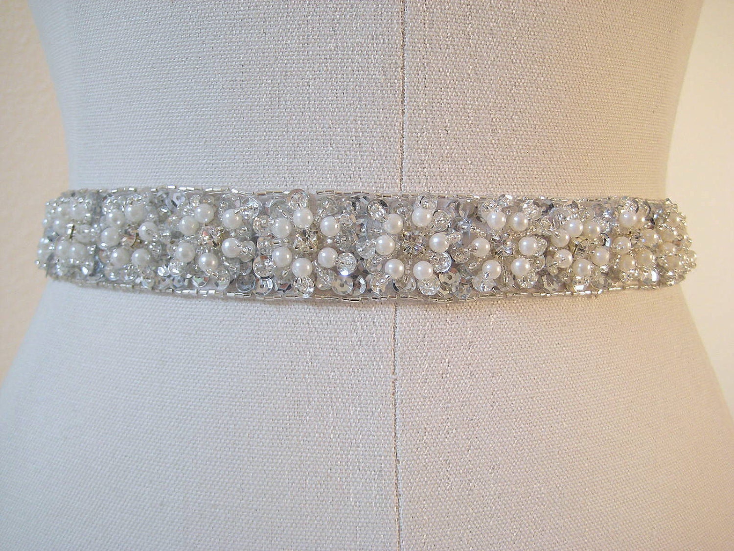 Bridal beaded pearl flower wedding sash/belt with crystal & silver sequins  PEARL CLUSTER