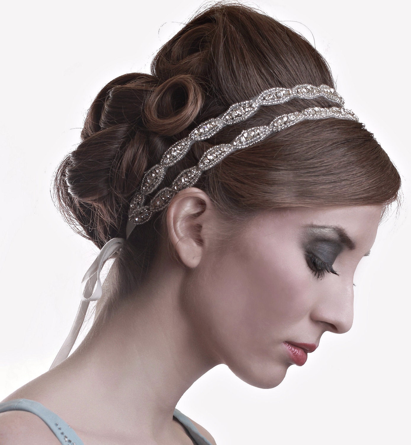 Bridal beaded crystal rhinestone double oval wedding headband. CLAIRE