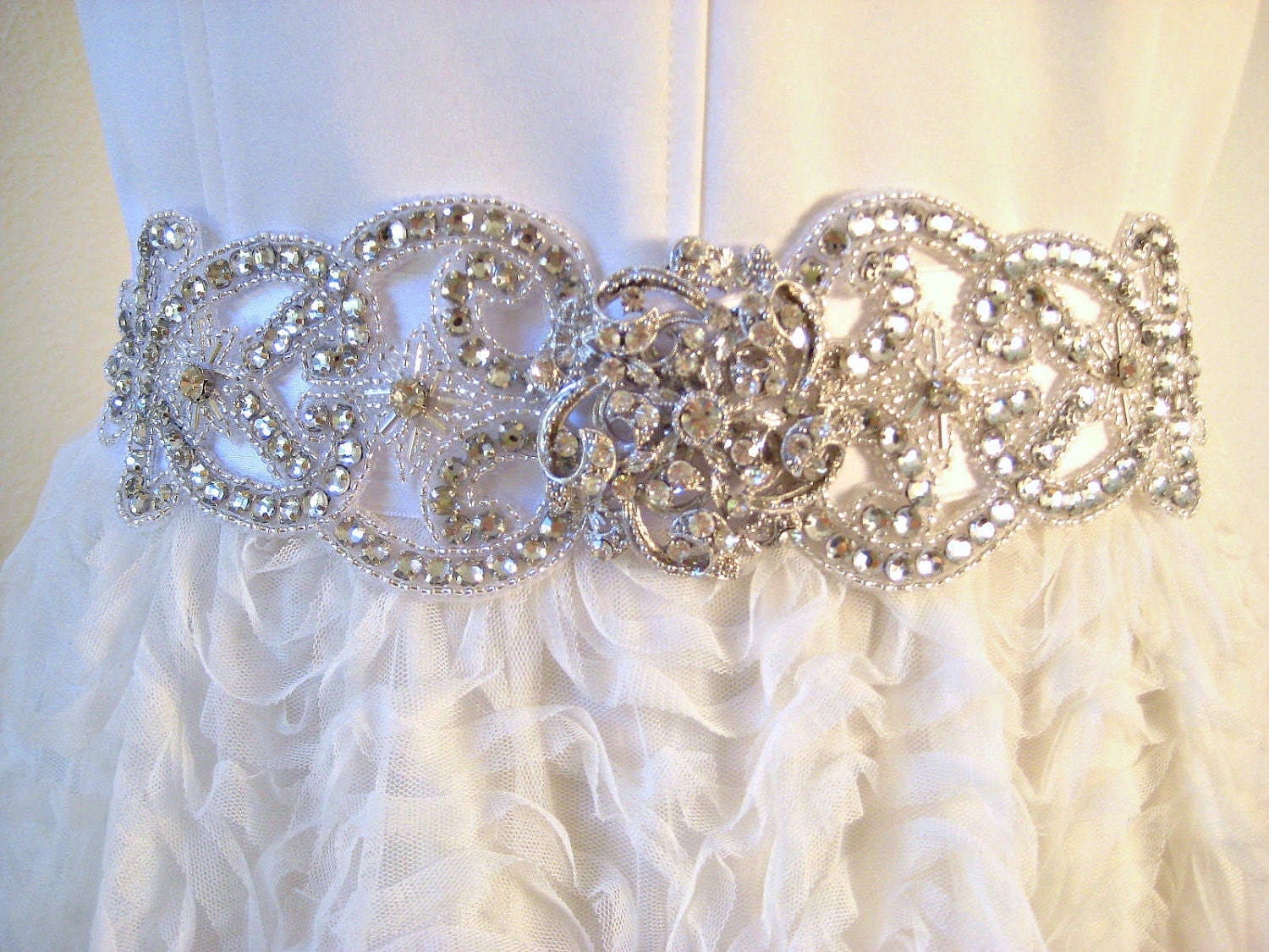 Bridal wedding beaded crystal sash/belt with exquisite swarovski center piece. VINTAGE ELEGANCE.