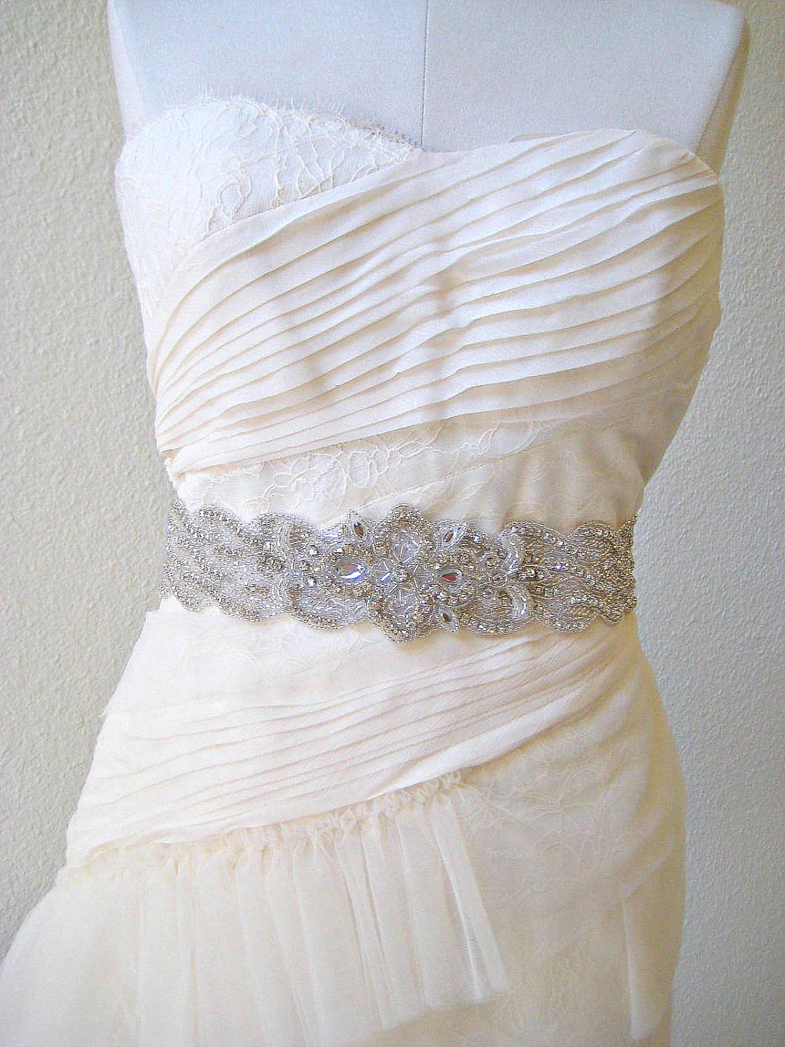 Bridal wedding beaded crystal sash/belt with elegant art deco applique. FRENCH DECO.