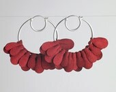 Burgundy Red Flutter Hoop Earrings in Sterling Silver & Fabric