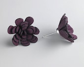 Medium Aubergine Fabric Flower Earrings in Sterling Silver
