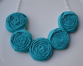 Teal fabric rolled rosette necklace