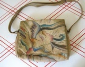80s Hand Painted Leather Purse Abstract Bird Design SAM SAM