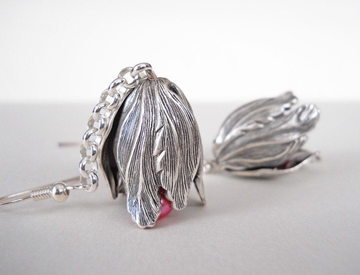 Silver Tulip Dangle Earrings with Freshwater Pearl