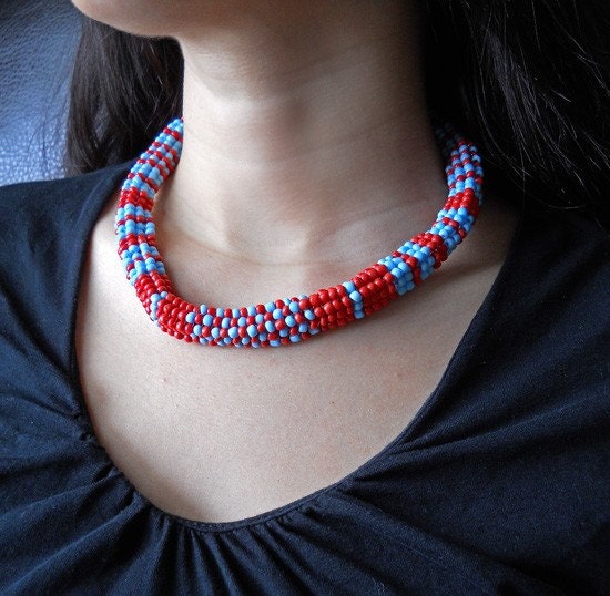 Red and Blue Beadwoven Necklace