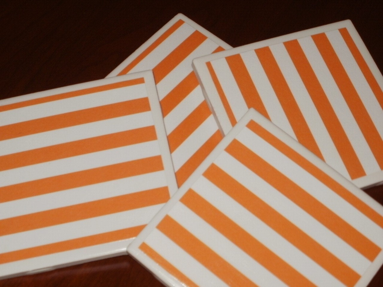 Orange Stripe Ceramic Tile Coasters...Set of 4...For Drinks or Candles