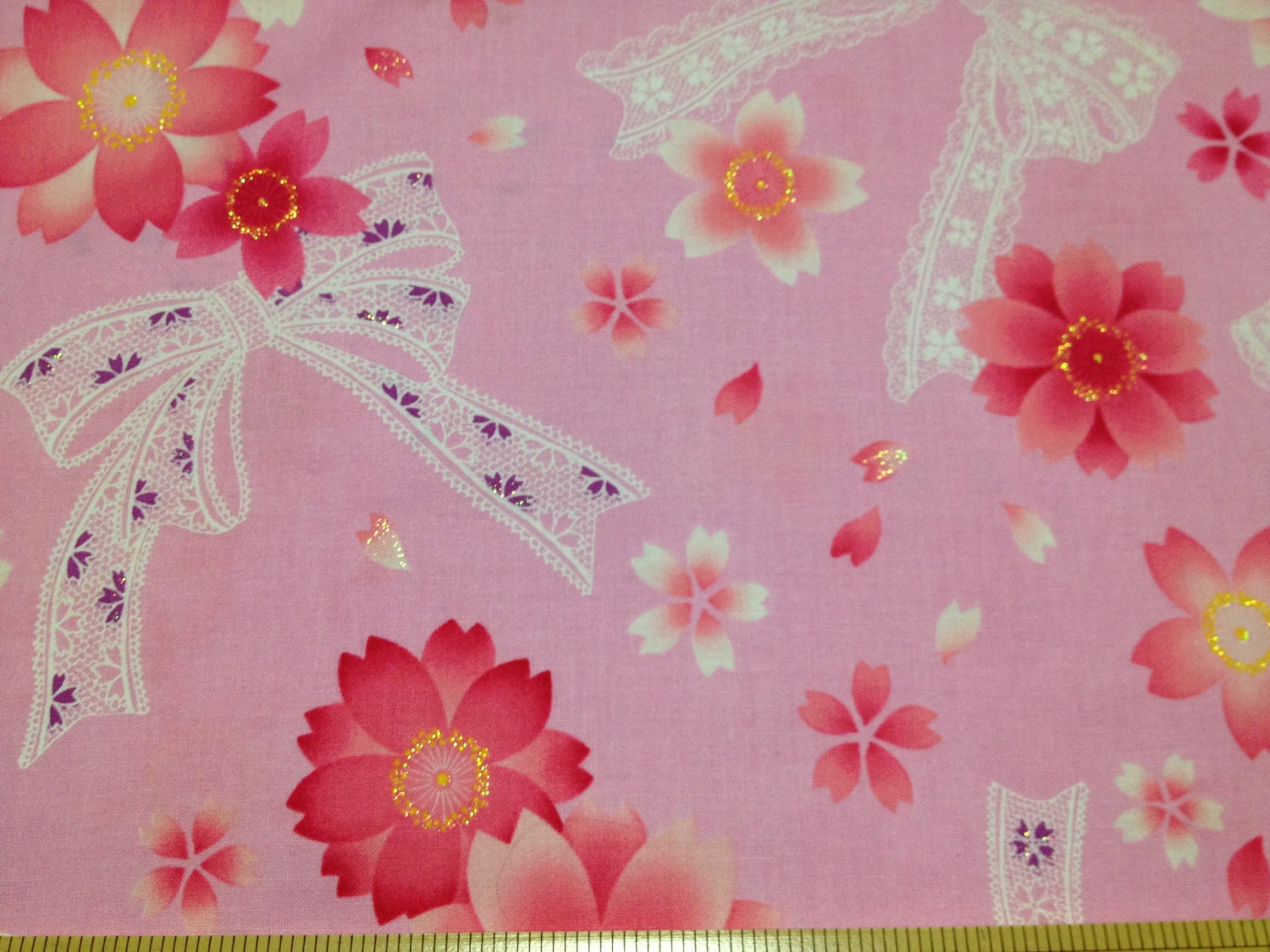 2M Japanese Sakura flower with cure ribbon printed cotton fabric  Special offer for limited items