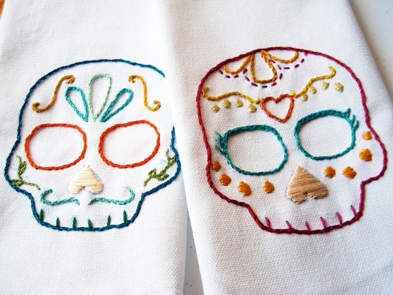 Day of the Dead Wedding Cloth Napkins embroidered sugar skulls