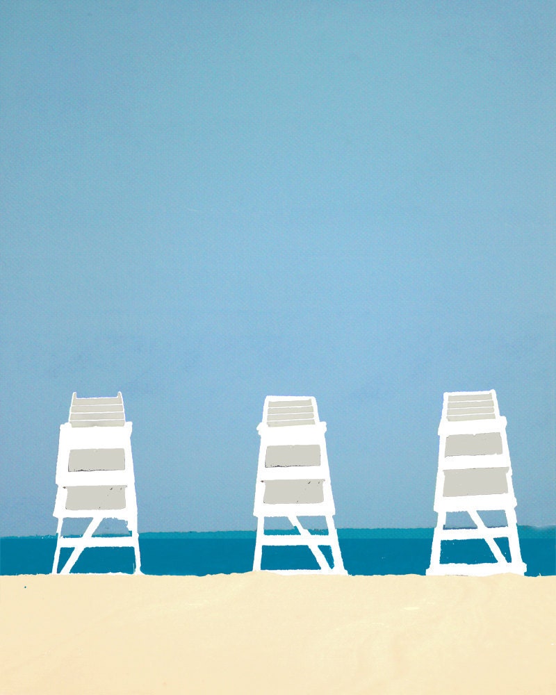 Lifeguard Chairs Beach Ocean Blue Summer - 16 x 20 art print by Dawn Smith - DawnSmithDesigns