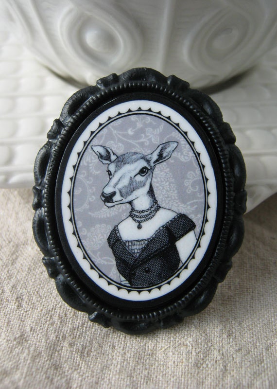 Victorian Style Anthropomorphic Animal Brooch - Large Deer in Black