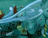 Fisherman Print 10x3.5" Watercolour Gouache Painting Illustration