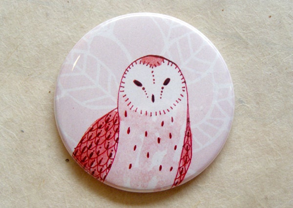Pink Barn Owl Pocket Mirror Mini Illustration Art 2.25"