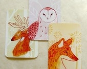 Fox Deer and Barn Owl Postcards Print 4x6 Illustration Art