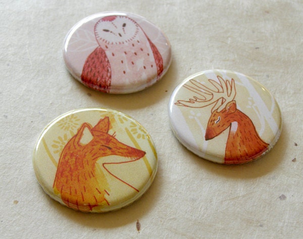 Fox, Barn Owl and Deer Buttons 1.25" Illustration Art