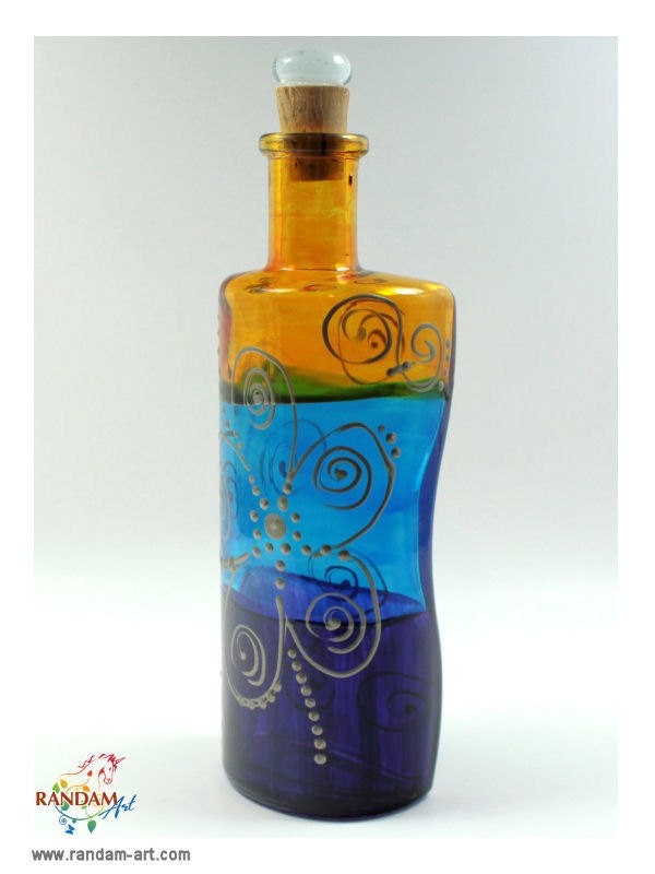 Painted Glass Bottle Reed Diffuser or Oil Lamp Candle with Blues and Yellow