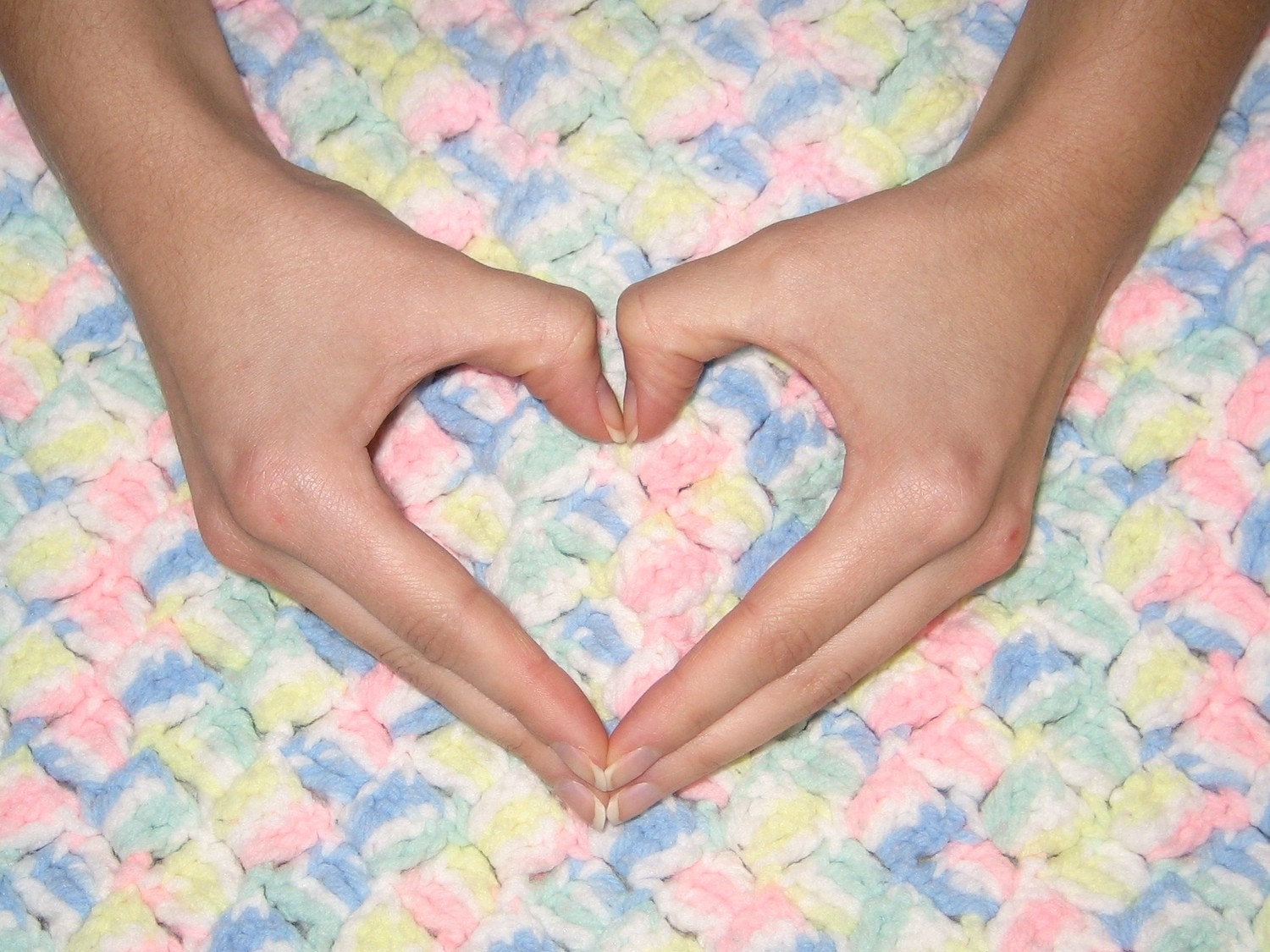 Hand Crochet Baby Blanket - Multi-colored Pastel Shells in Blue, Yellow, Pink, Green, White with Purple Ribbon Trim