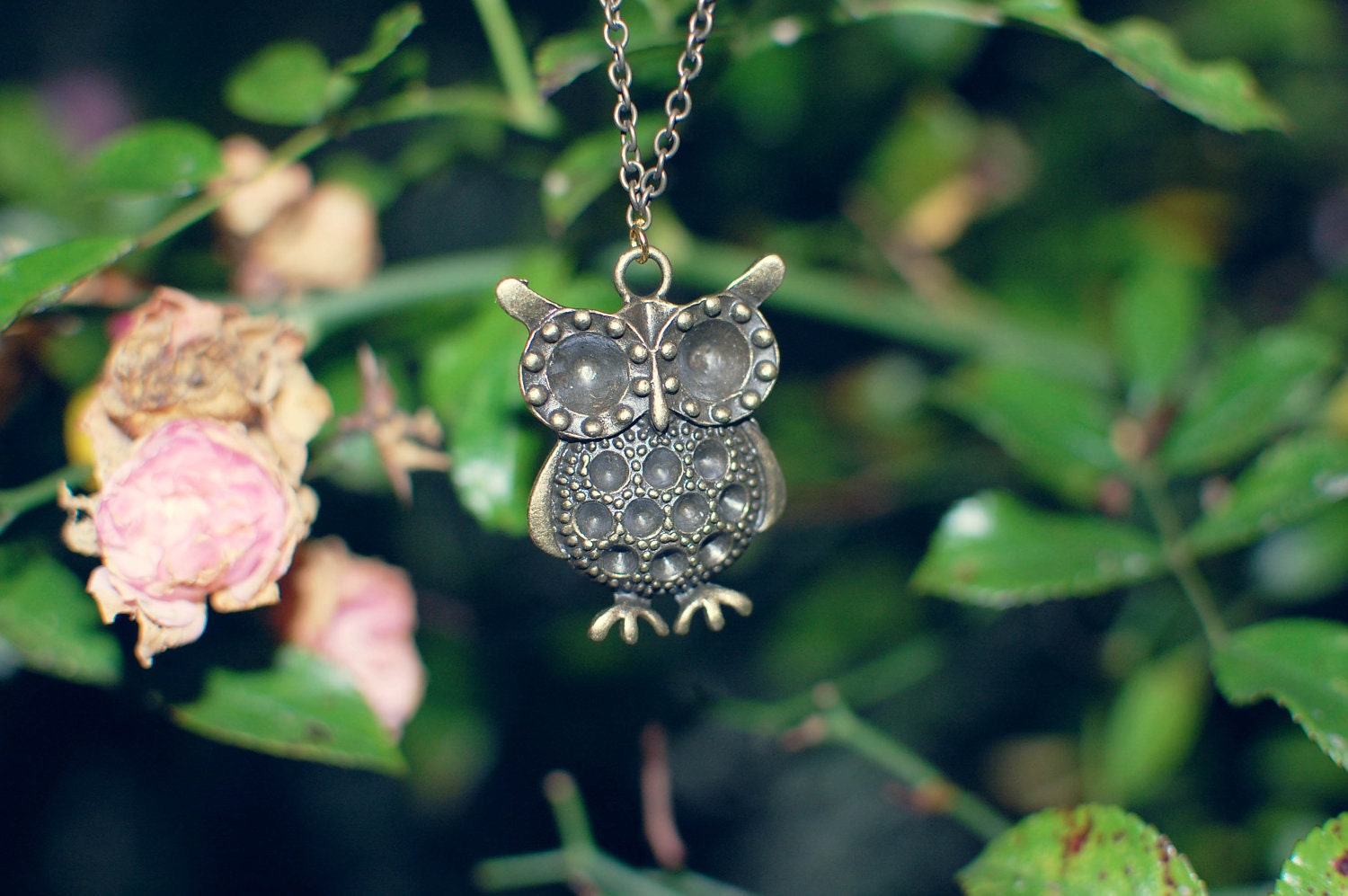 The Owl Who Was Afraid Of The Dark - Antique gold owl necklace from benitablue