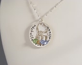 Personalized -Mommy Necklace-Hand Stamped - Sterling Silver -Childrens Names- Heart Charm & Birthstones