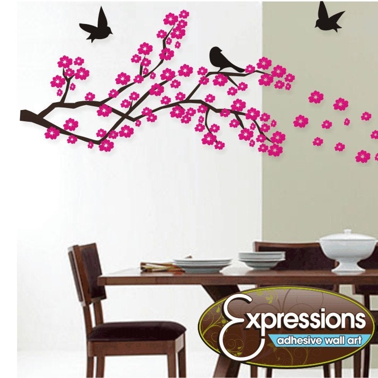 Cherry Blossom Branch with Birds vinyl wall decal, removable matte finish graphics art