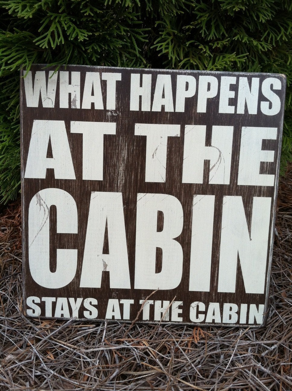 What Happens at the Cabin - Subway Sign - Hand Painted and Distressed -11"x11"