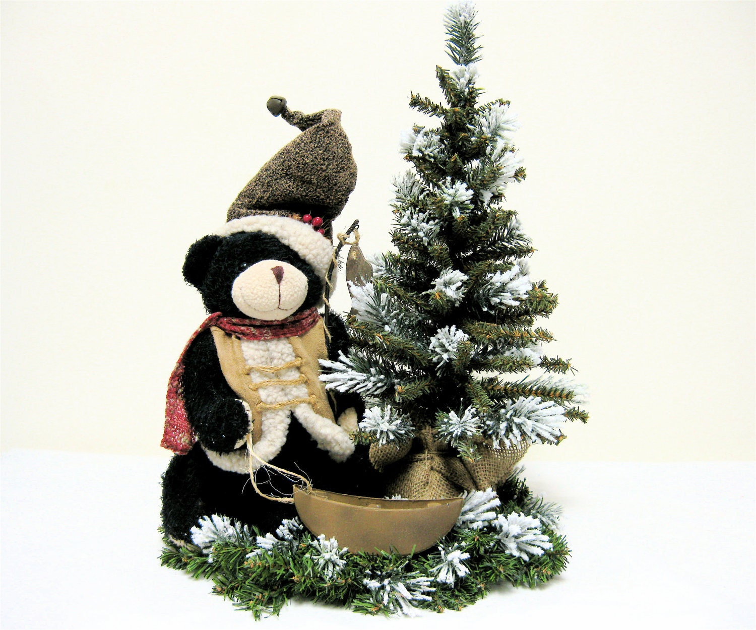 Christmas  Floral Arrangement Black Bear "Gone Fishing" and Pine Tree Centerpiece (17"h X 13"w X 8'd)