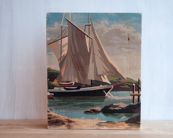 Paint by Number Artblock - 'Sailboat', 8" x 10", landscape, vintage, trees, water, mountains