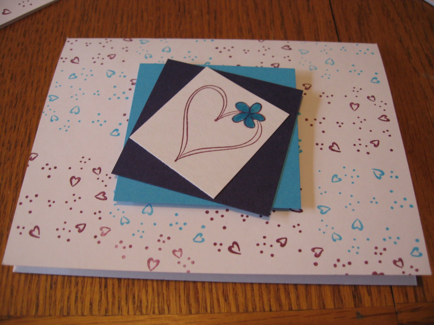 FREE SHIPPING - purple and turquoise on white hearts - Greeting Cards, Set of 6 - Hello