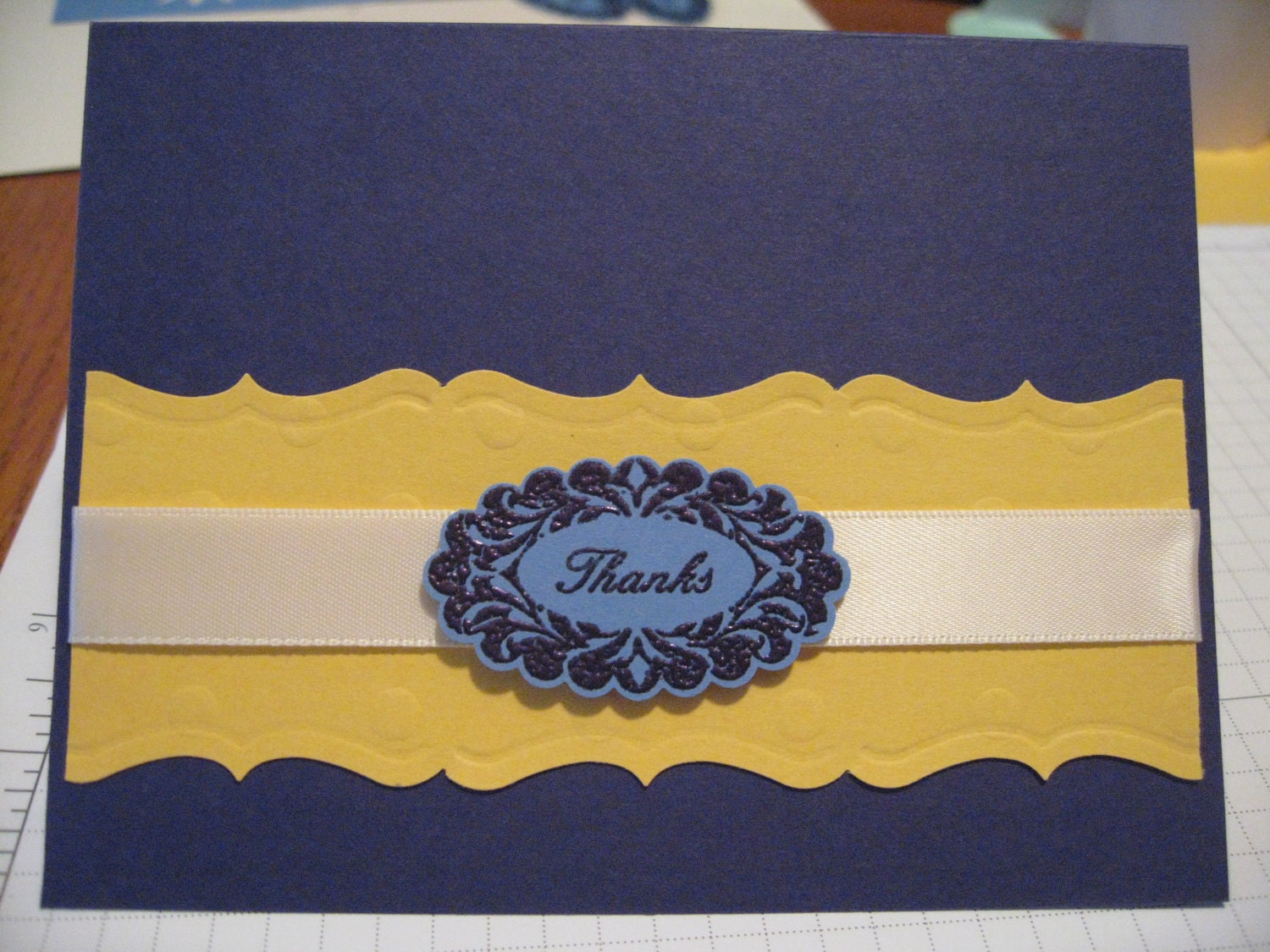 FREE SHIPPING - Purple, Yellow, Cream and Ivory colors, scalloped edge, embossed Greeting Card Kit - Thank You