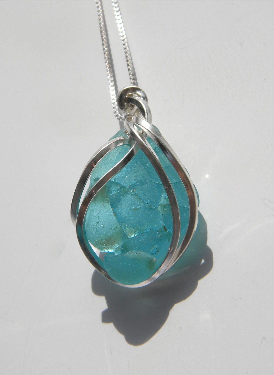 Sea Glass Necklace (930)- RESERVED Frosty Turquoise Crackle Glass in Argentium Silver