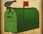 Bird On Old Mailbox US Mail Hand Colored and Tinted Digital Artwork Image Transfer Download 300 dpi for Pillows Totes Bags Napkins Towels