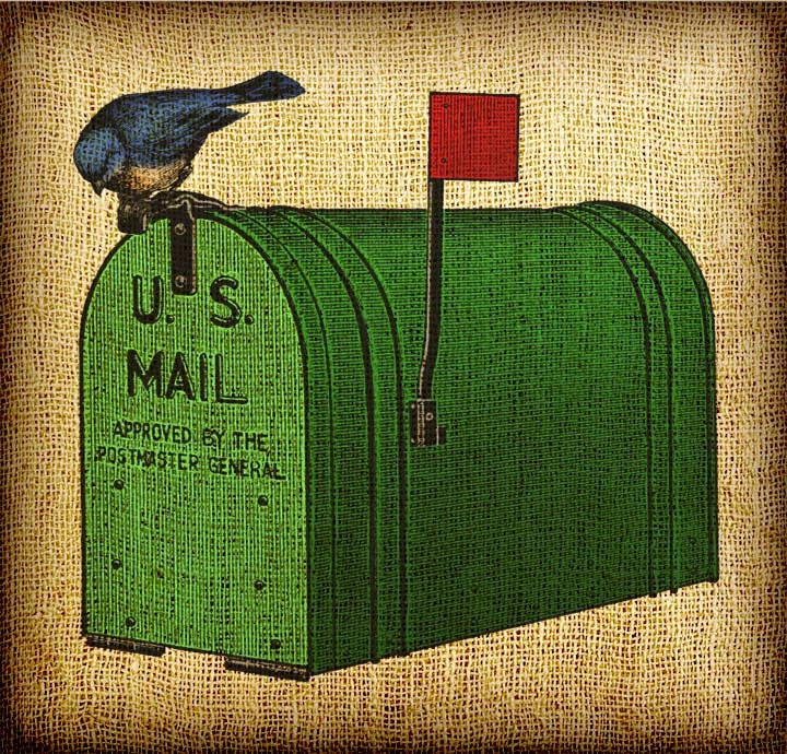 Bird On Old Mailbox US Mail Hand Colored and Tinted Digital Artwork Image Transfer Download 300 dpi for Pillows Totes Bags Napkins Towels