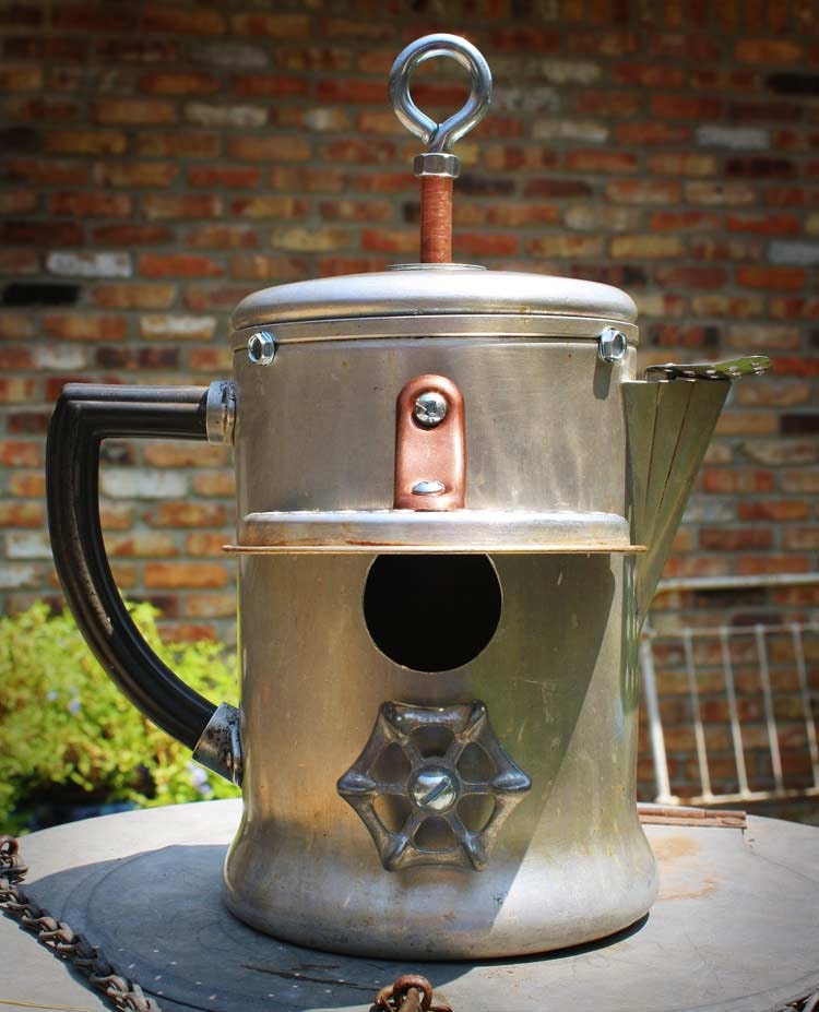 Birdhouse Bird house Repurposed Upcycled Aluminum Vintage Perculator Coffee Pot with Recycled Found Items OOAK