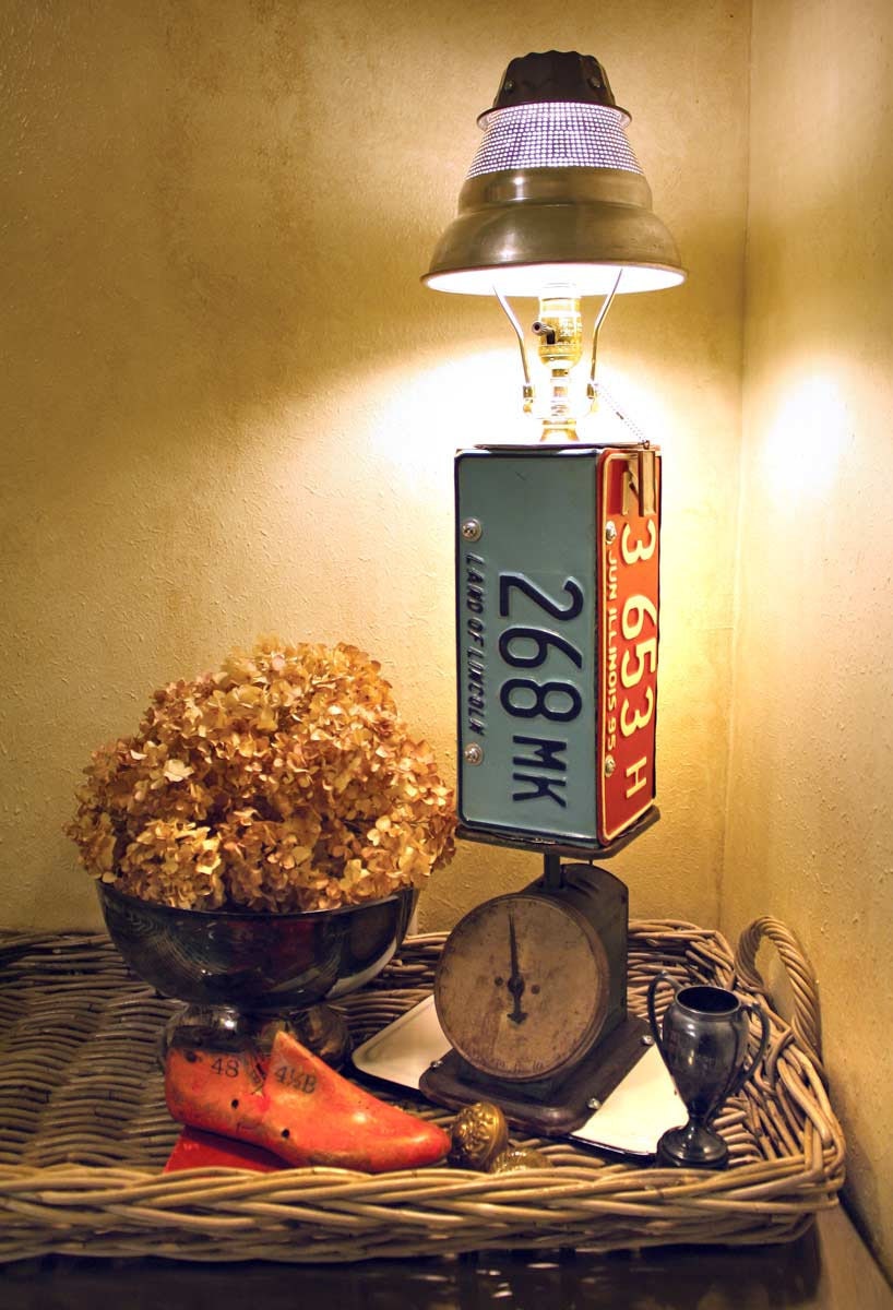 No. 5 Repurposed  Upcycled Lamp with License Plates Kitchen Postal Scale and Strainer Light Fixture of Found Objects