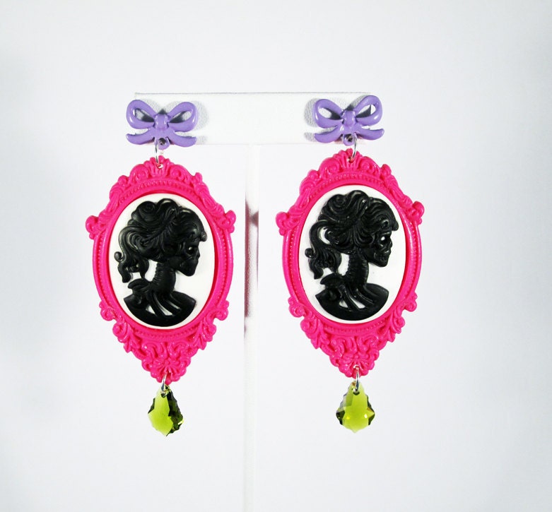 Hot Pink Skeleton Goddess Cameo Earrings with Swarovski Crystal Accents