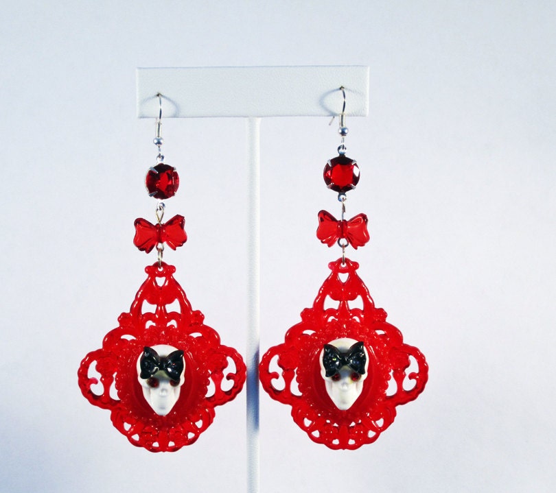 ON SALE - Gothic Red Skull Lucite Filigree Earrings with Swarovski Accents