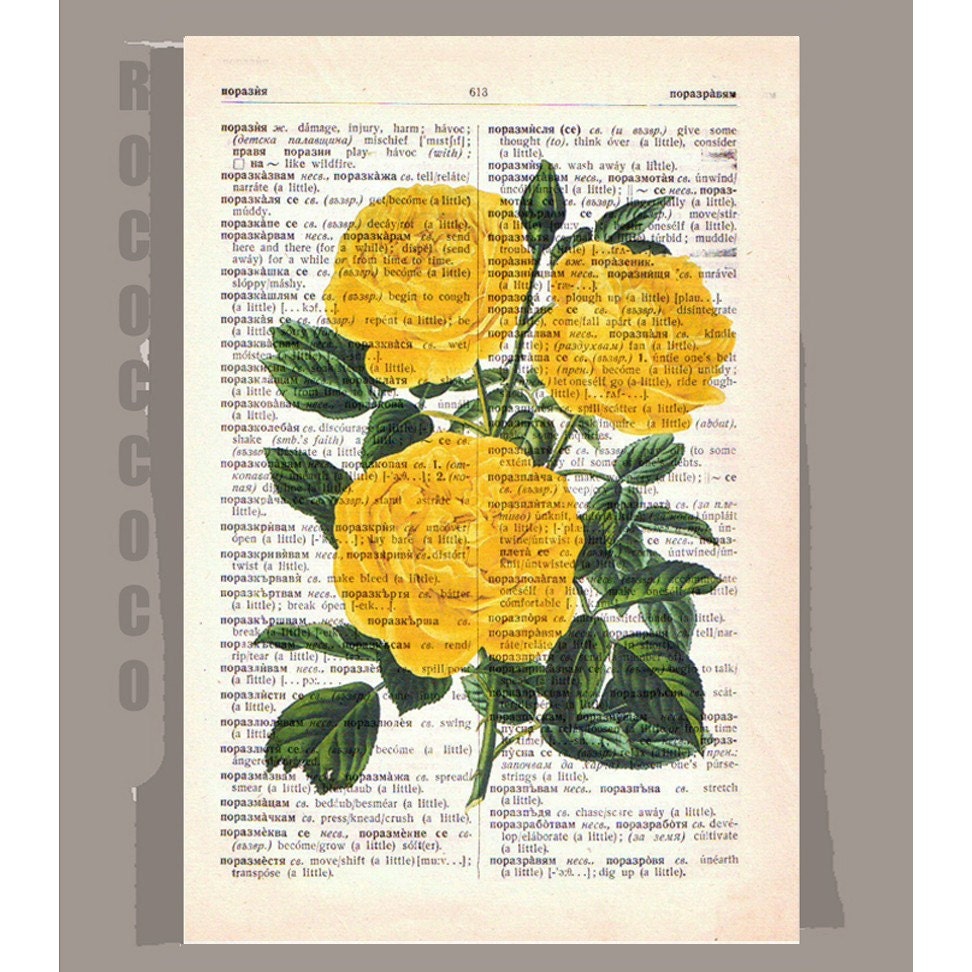 Yellow ROSE Artwork on a page from vintage Dictionary -Upcycled Book Print