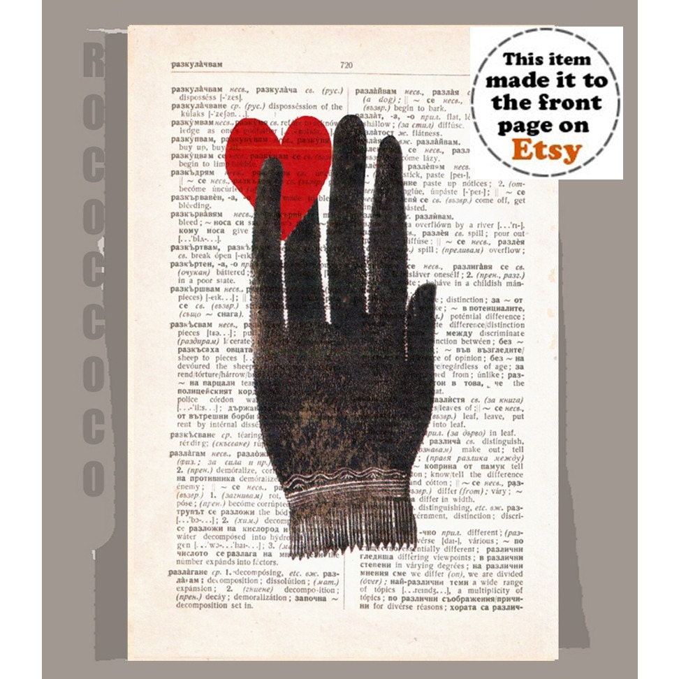 HAND with Heart - ORIGINAL ARTWORK  printed on Repurposed Vintage Dictionary page -Upcycled Book Print