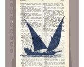 Antique Sail Boat SILHOUETTE4- ORIGINAL ARTWORK  printed on Repurposed Vintage Dictionary page -Upcycled Book Print