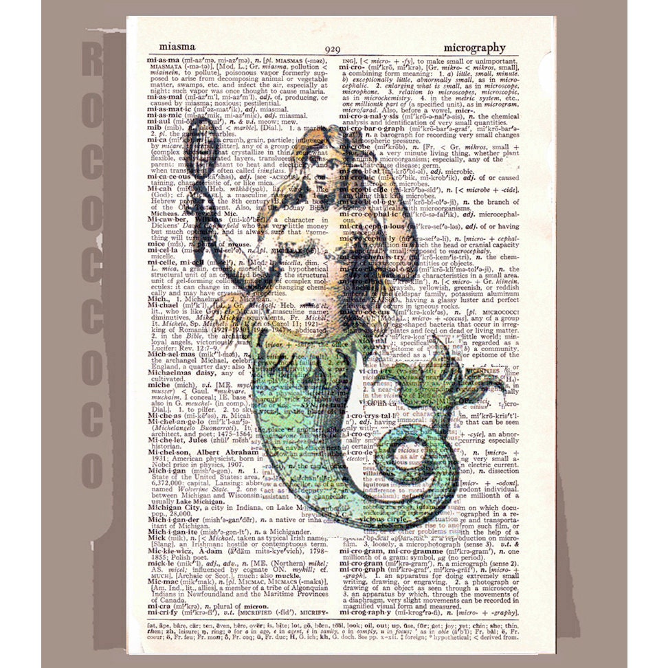 Antique MERMAID - ARTWORK printed on Repurposed Vintage Dictionary page -Upcycled Book Print