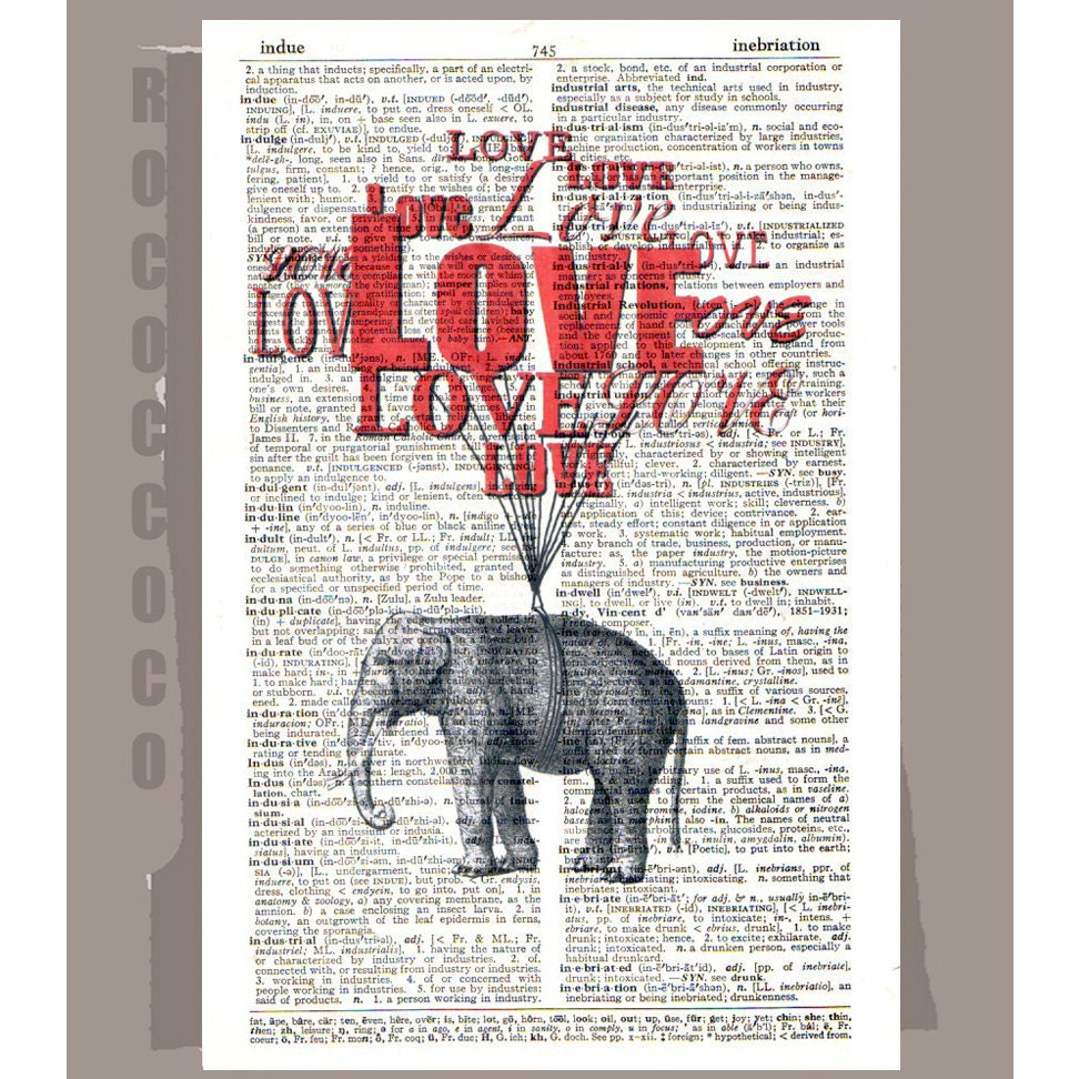 LOVE LoVe Love - ORIGINAL ARTWORK printed on Repurposed Vintage Dictionary page -Upcycled Book Print