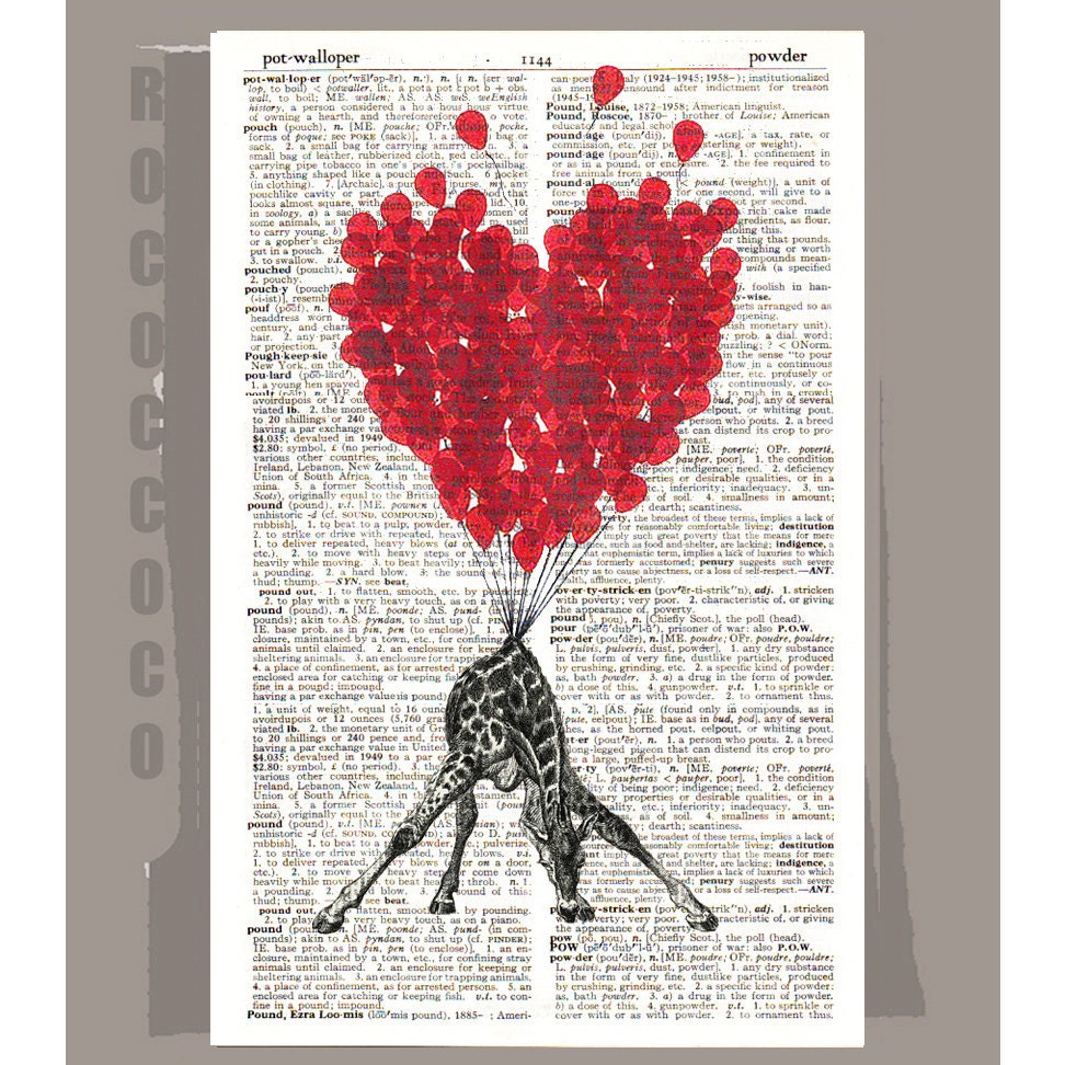 LOVE Carries All3 even a Giraffe  - ORIGINAL ARTWORK printed on Repurposed Vintage Dictionary page -Upcycled Book Print