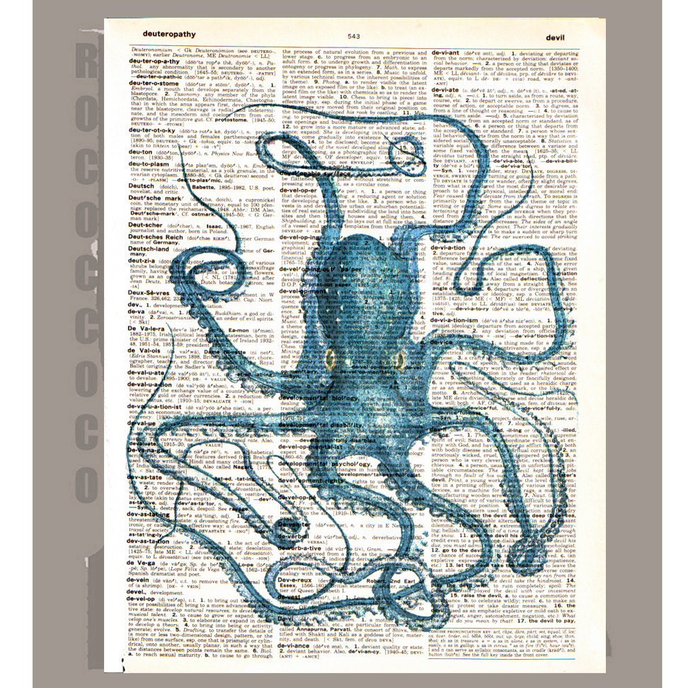 Antique OCTOPUS - ARTWORK printed on Repurposed Vintage Dictionary page8 x11 -Upcycled Book Print