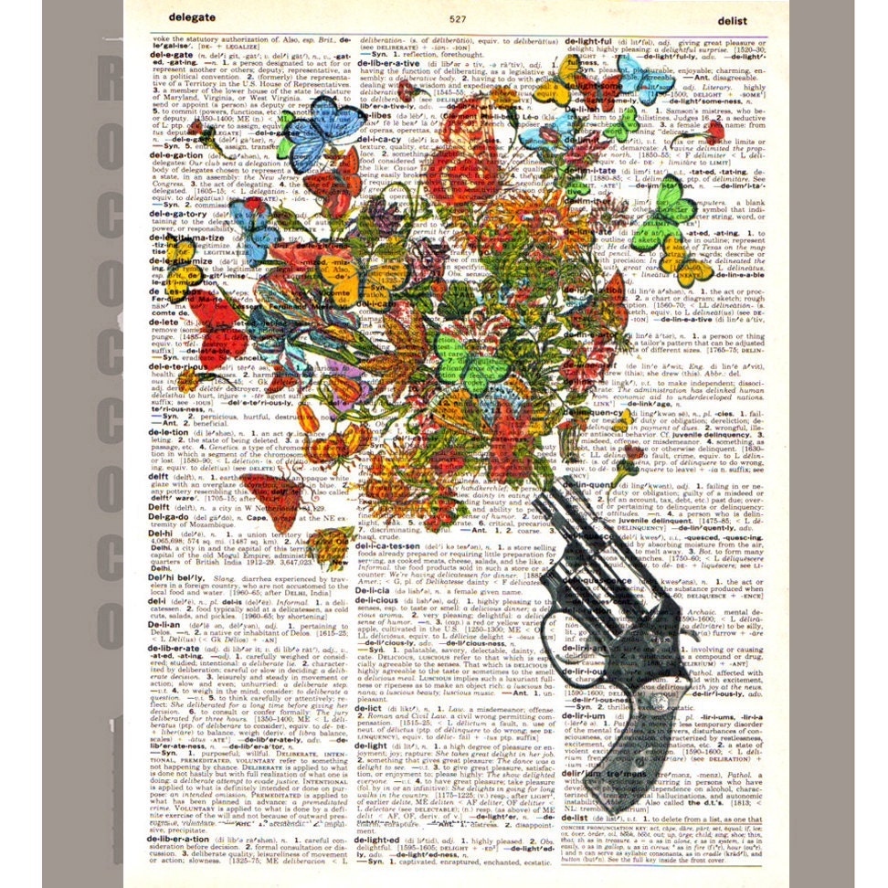 Vintage REVOLVER , Butterflies and Flowers  -ORIGINAL ARTWORK printed on Repurposed Vintage Dictionary page 8x10 -Upcycled Book Print