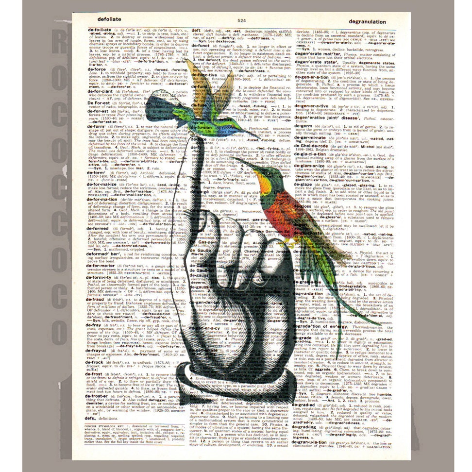 HUMMINGBIRDS on Hand - ORIGINAL ARTWORK print over an Repurposed Vintage Dictionary page Book art -Upcycled Book Print