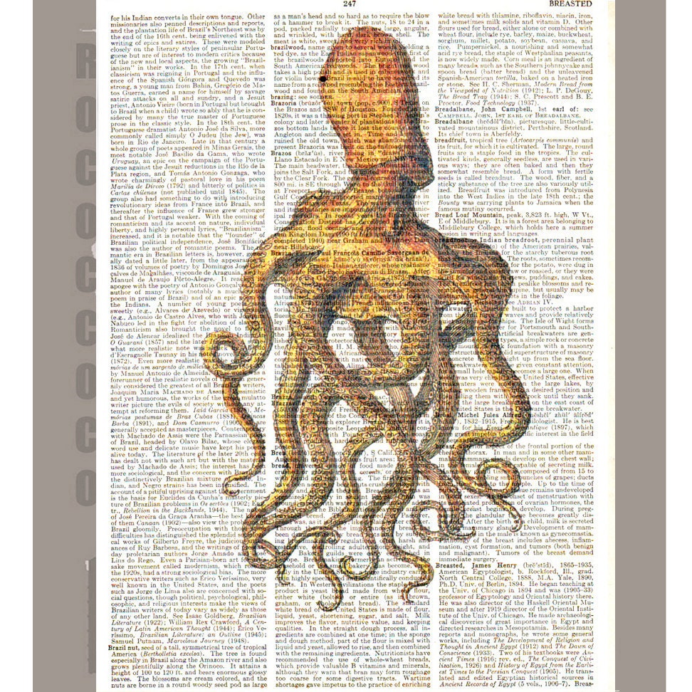OCTOPUS 1  - ARTWORK  printed on Repurposed Vintage Dictionary page 8 x 10 -Upcycled Book Print