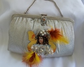 Victorian clutch, silver purse, with unique Victorian butterfly girl,  vintage couture, rhinestones, pearl beads, feathers, LAYAWAY PLANS