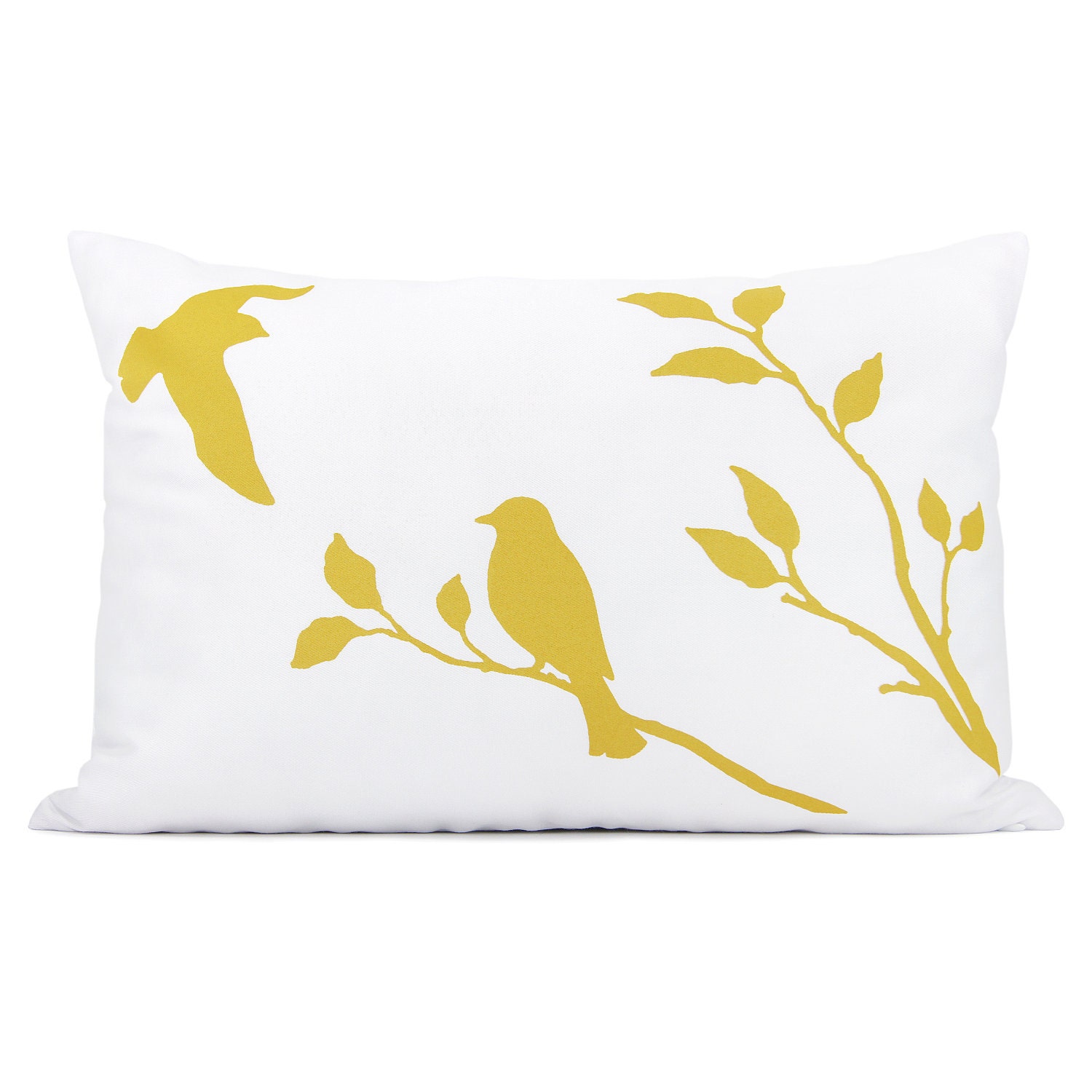 Love birds pillow cover - Mustard yellow bird in nature print on white fabric decorative pillow cover - 12x18 lumbar pillow cover - ClassicByNature